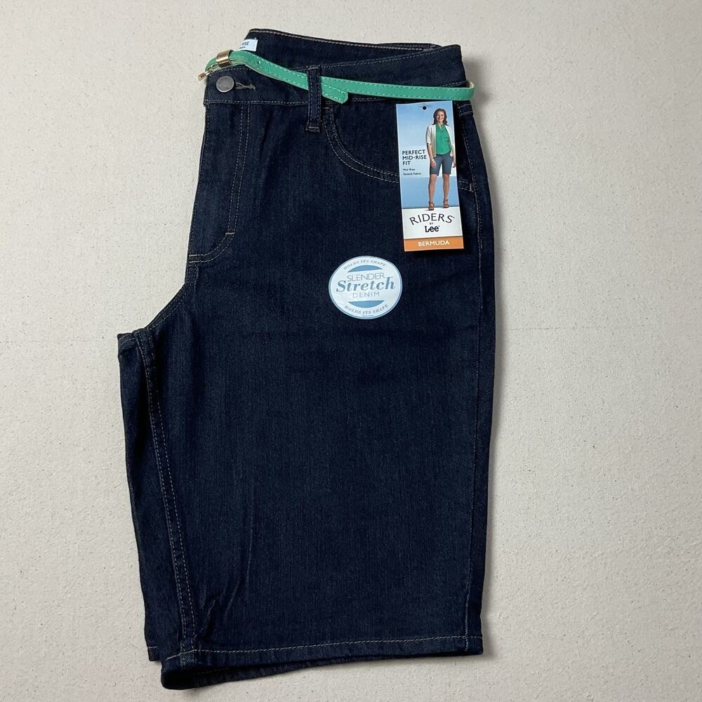 Riders By Lee Mid Rise Womens 14M Dark Blue Denim Bermuda Shorts Teal Belt